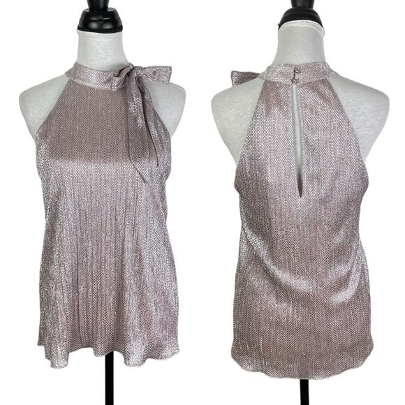 Parker | NWT Blush Pink Silver Metallic Tie Neck A-line Sleeveless Blouse - Picture 3 of 10